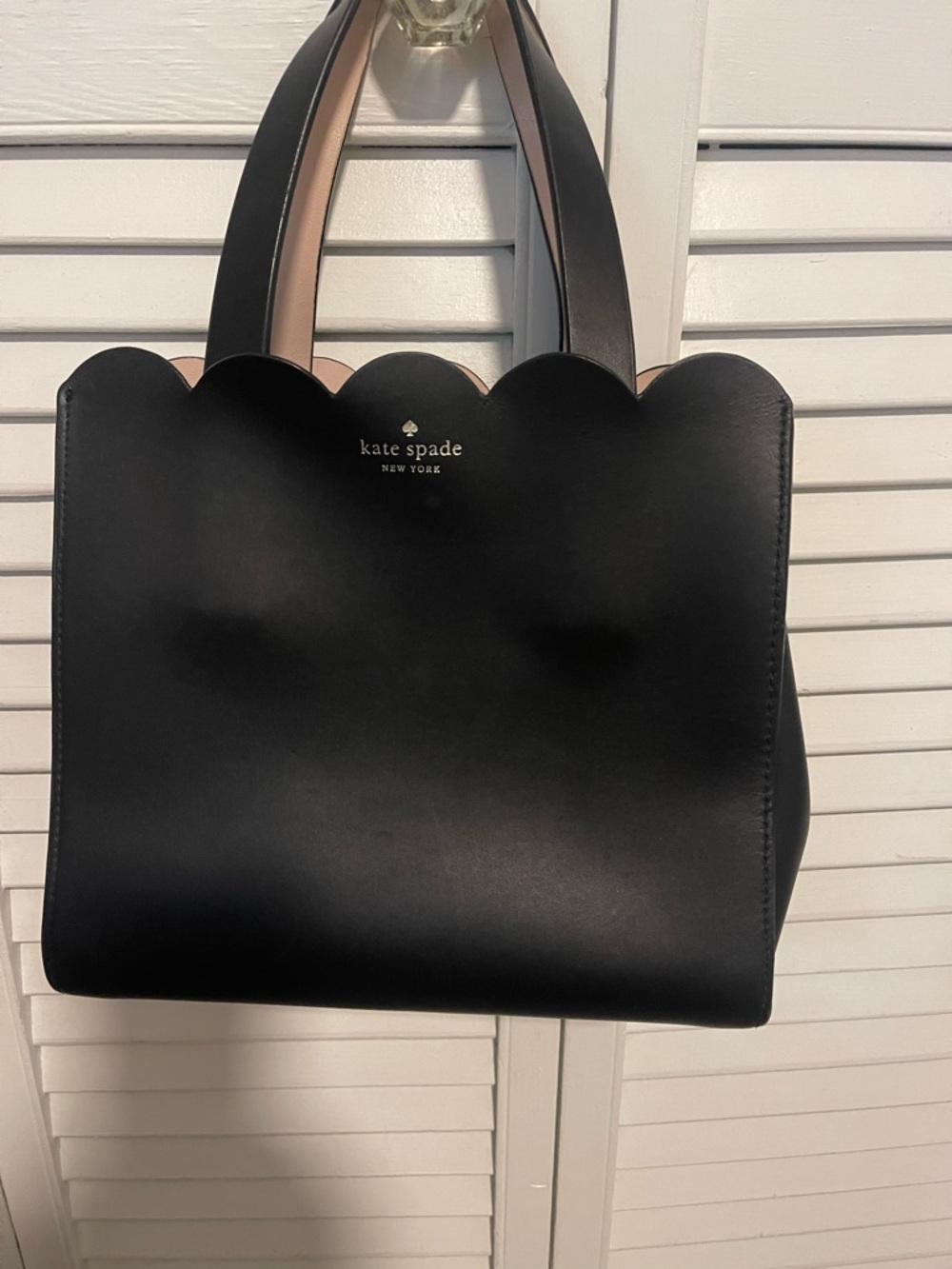 kate spade Black Scallop-Top Leather Tote with Blush Handles